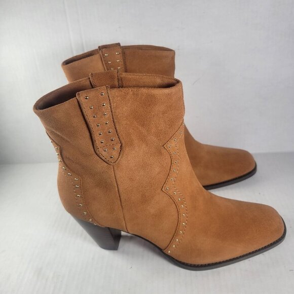 Aerosoles Women Lazu Tan Suede Western Studded 3.5" Heel Ankle Boots Size 9.5 - Picture 3 of 8